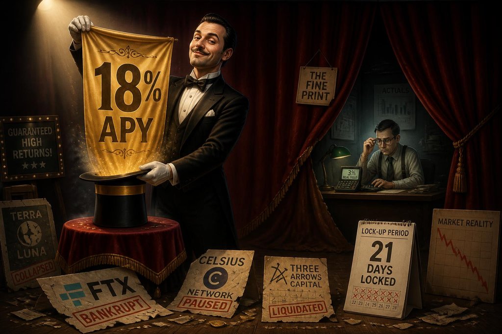 A magician on stage pulling a golden 18% APY banner from a top hat, while behind a torn curtain an accountant sits at a desk with a calculator showing 3% real yield, surrounded by broken project signs like Terra Luna, FTX, Celsius, and a calendar showing 21 days locked