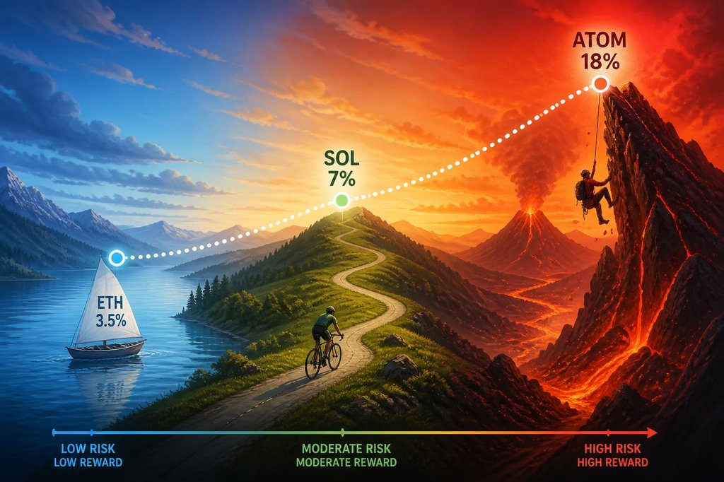 A horizontal landscape spectrum from left to right showing a calm blue lake with a sailboat labeled ETH 3.5%, rolling green hills with a cyclist labeled SOL 7%, and a dramatic volcanic mountain with a climber hanging from a rope labeled ATOM 18%, with a dotted risk-reward curve connecting all three