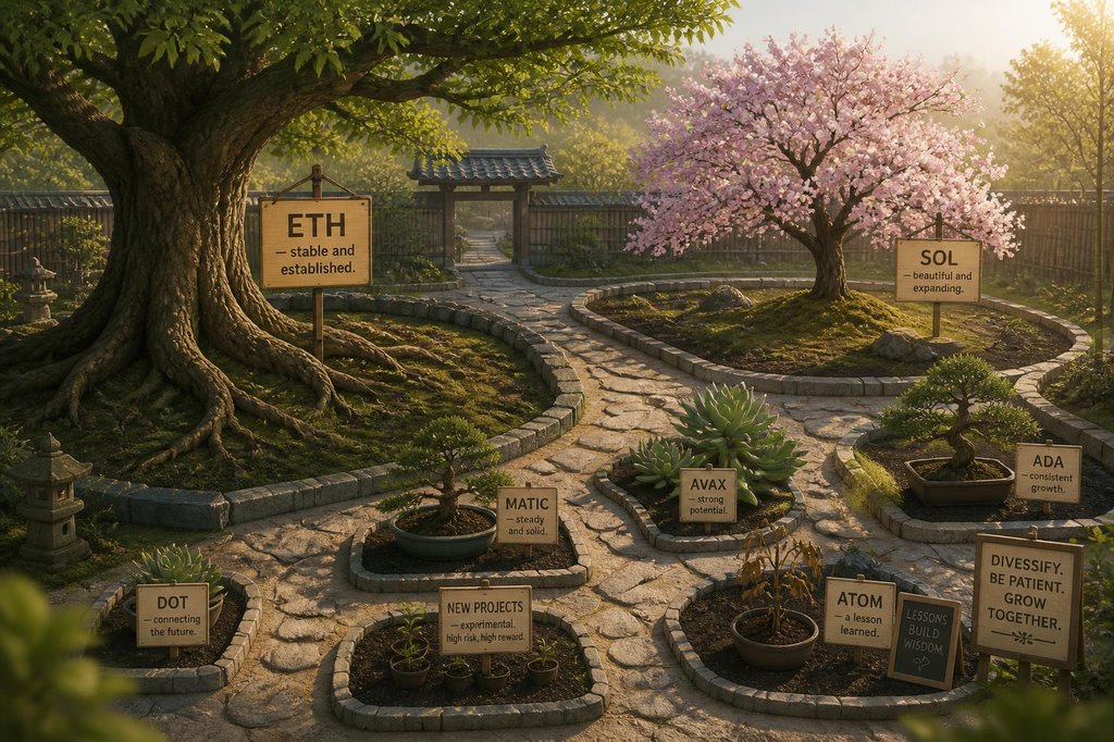A serene Japanese zen garden with different sections representing staking coins — a massive oak tree labeled ETH, a cherry blossom tree labeled SOL, bonsai trees for MATIC and AVAX, succulents for ADA, and a withered plant with a lesson sign for ATOM, all connected by a stone path