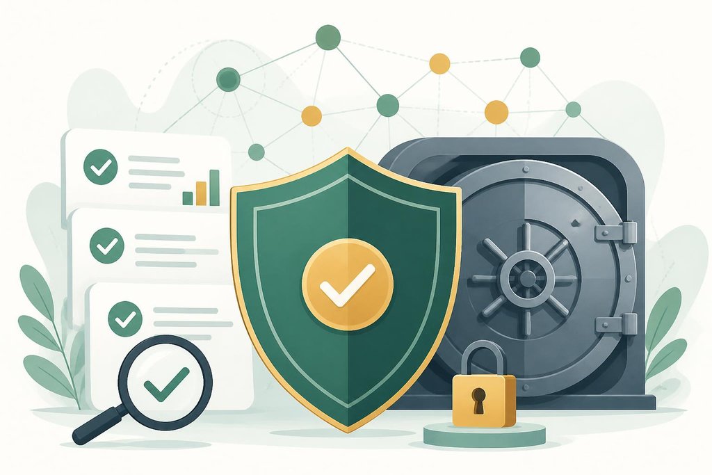 Security analysis concept with shield, checklist, and safe vault elements