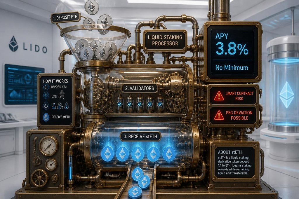 A steampunk-inspired liquid staking machine with transparent glass chambers showing ETH tokens being processed through gears and pipes, transformed into glowing blue stETH tokens, with digital displays showing APY 3.8% and warning lights for smart contract risk