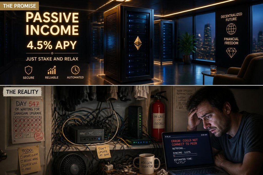 Split-panel showing the glamorous promise of solo staking with a sleek server rack and PASSIVE INCOME 4.5% APY text above, versus the reality below of a cluttered closet with an Intel NUC, tangled cables, a stressed person at 3 AM staring at error messages on a laptop