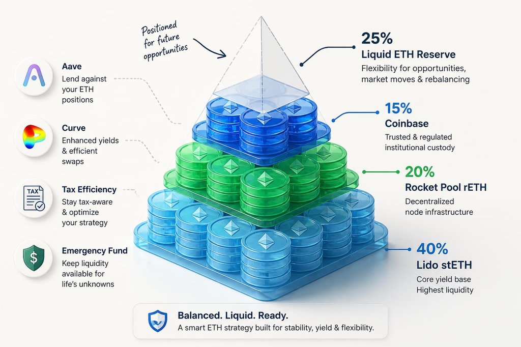 A 3D isometric pyramid built from translucent Ethereum coins showing portfolio allocation: 40% Lido stETH as the wide base, 20% Rocket Pool rETH in green, 15% Coinbase in blue, and 25% empty space at the top labeled Liquid ETH Reserve