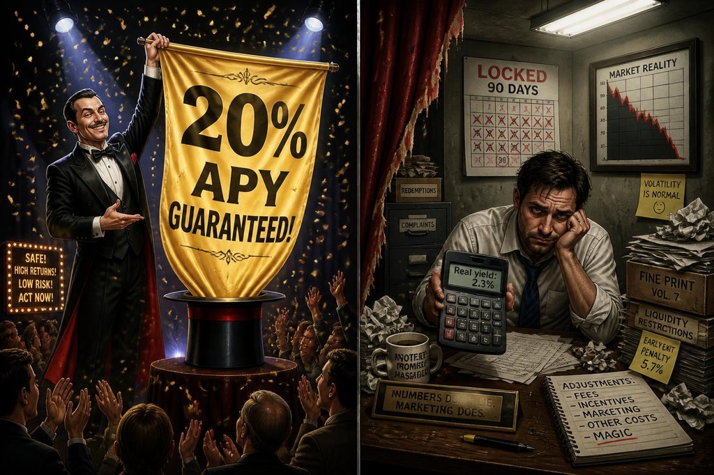 A magician on stage pulling a golden 18% APY banner from a top hat, while behind a torn curtain an accountant sits at a desk with a calculator showing 3% real yield, surrounded by broken project signs like Terra Luna, FTX, Celsius, and a calendar showing 21 days locked
