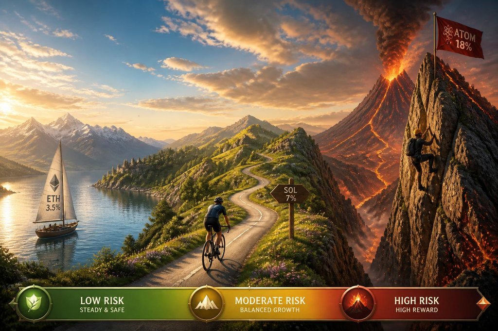 Epic landscape panorama with a peaceful sailboat on a calm lake labeled ETH 3.5% in the low risk zone, a cyclist on a winding mountain road labeled SOL 7% in the moderate risk zone, and a rock climber ascending an active volcano labeled ATOM 18% in the high risk zone