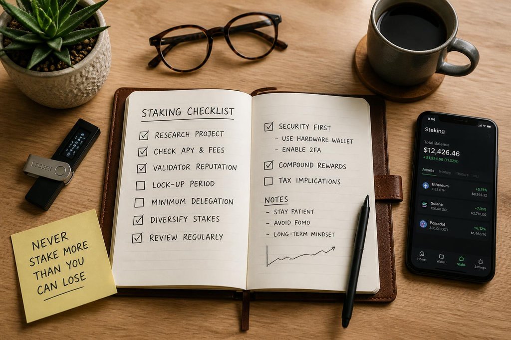 Top-down flat lay of a wooden desk with an open leather notebook showing a handwritten staking checklist with checkboxes, a Ledger hardware wallet, a smartphone displaying staking balances, reading glasses, a coffee cup, a small succulent, and a yellow sticky note saying NEVER STAKE MORE THAN YOU CAN LOSE
