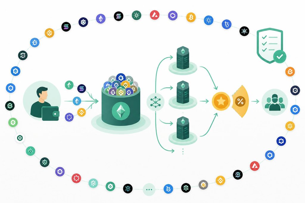 Illustration of custodial staking flow showing KuCoin pooling deposits, validator delegation, and fee split