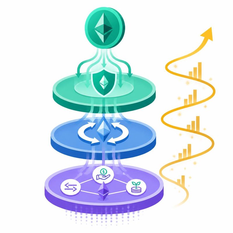 Multi-layer strategy illustration: ETH coin flowing through base staking (shield), restaking (looping arrows), and DeFi composability (interconnected protocols) with a growth curve