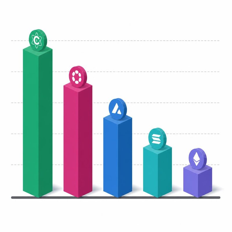 Isometric bar chart showing staking APY rates: Cosmos (tallest), Polkadot, Avalanche, Solana, Ethereum (shortest) with coin icons on top