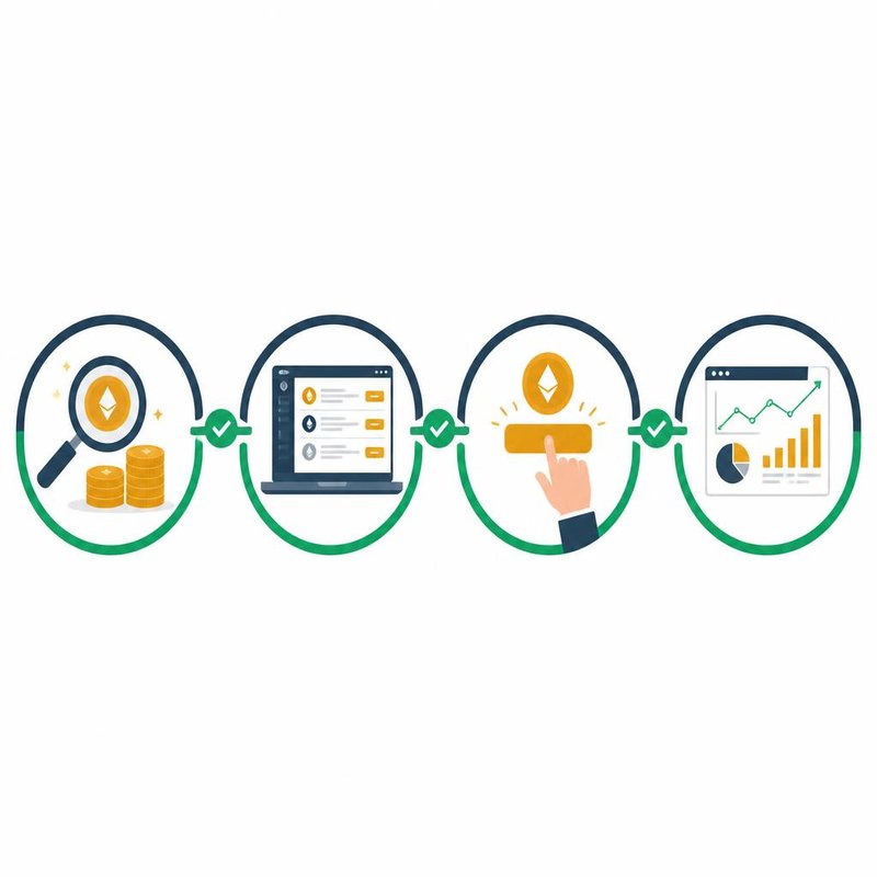 Four-step roadmap illustration: magnifying glass over coins (choose), laptop with platform (select), hand pressing stake button (stake), dashboard with charts (track)