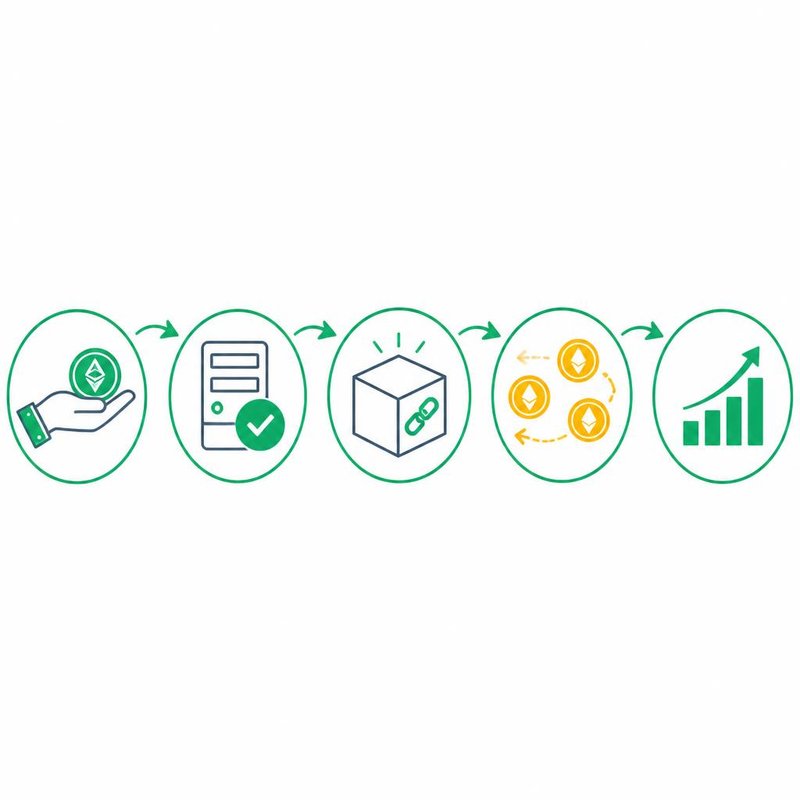 Five-step flowchart showing the staking process: hand holding coin, validator server, blockchain block, reward coins, growth chart