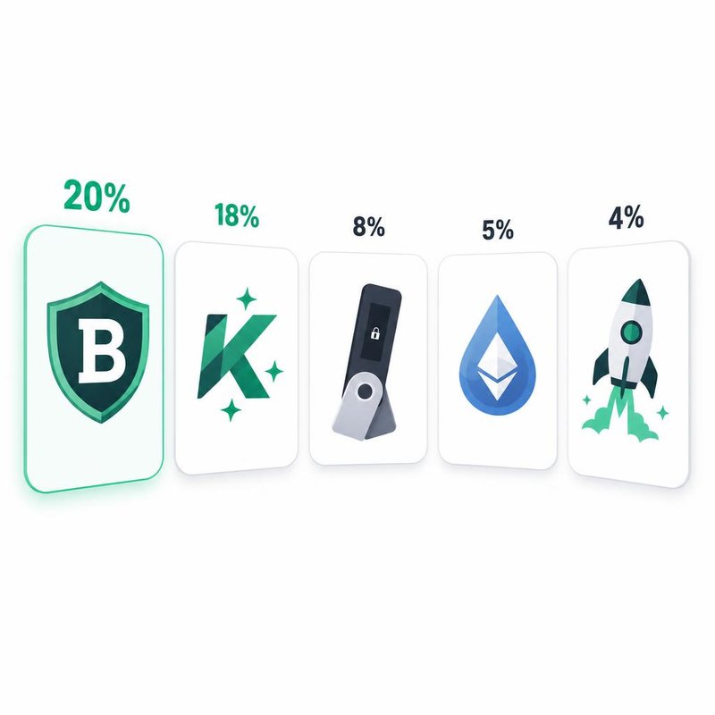 Five platform cards showing Binance (20%), KuCoin (18%), Ledger (8%), Lido (5%), and Rocket Pool (4%) with their icons