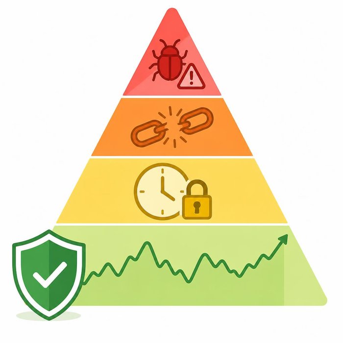 Risk pyramid illustration with four levels: green base (price volatility), yellow (lock-up risk), orange (validator/slashing), red top (smart contract bugs)