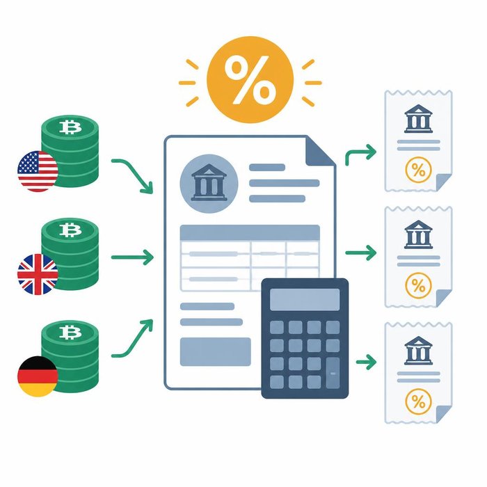 Tax illustration showing US, UK, and German flags with coins flowing into a tax form document and calculator, producing tax receipts