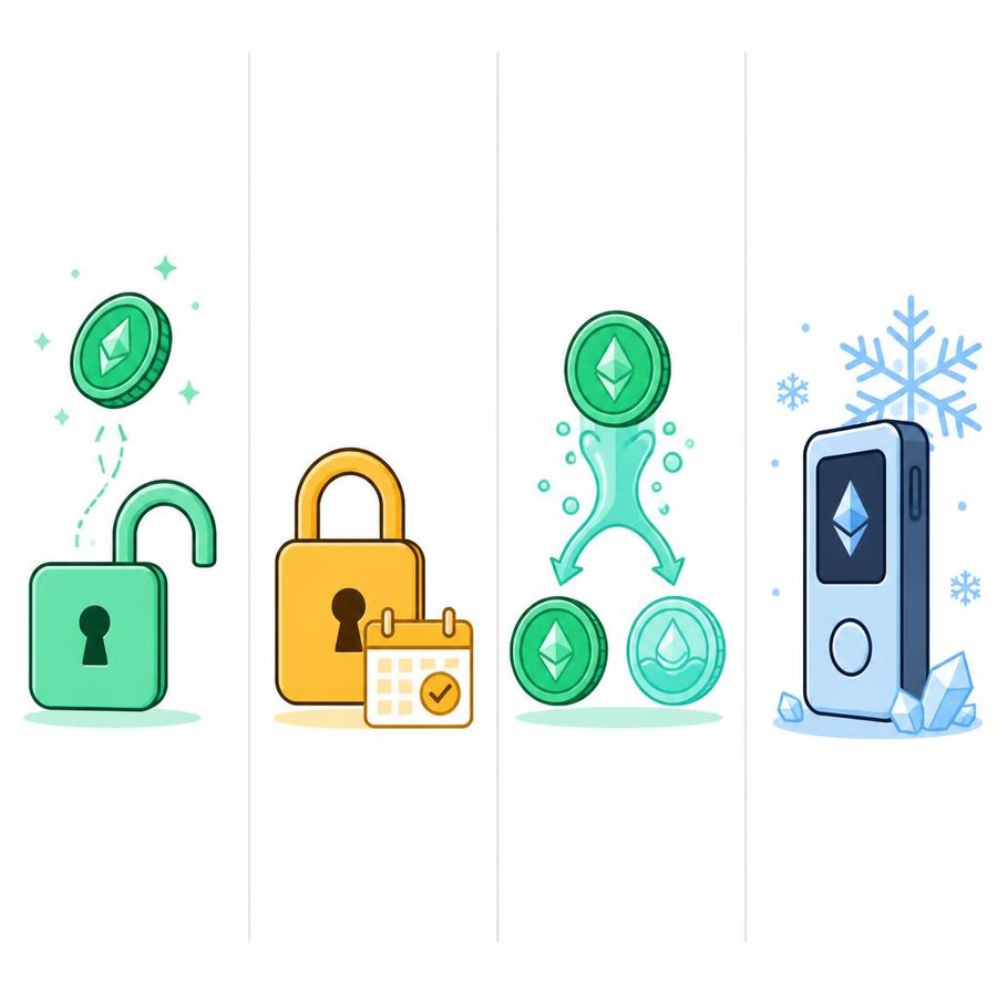 Four-column illustration showing Flexible staking (unlocked padlock), Locked staking (padlock with calendar), Liquid staking (coin splitting), and Cold staking (hardware wallet with frost)