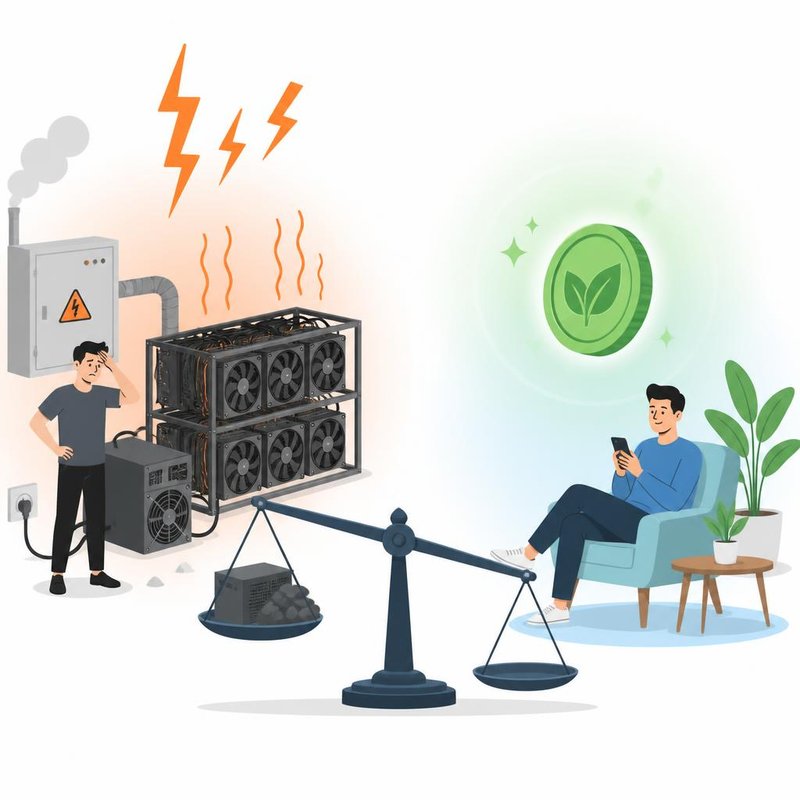 Comparison illustration showing mining rig with electricity costs versus relaxed person staking on a smartphone with eco-friendly coin