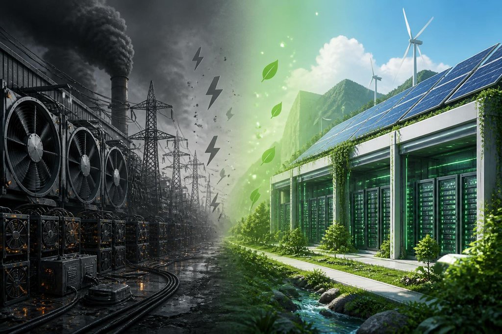 Split-screen comparison showing dark industrial mining facility with smoke and heavy electricity cables on the left, transitioning to a bright green futuristic solar-powered data center with wind turbines and lush vegetation on the right