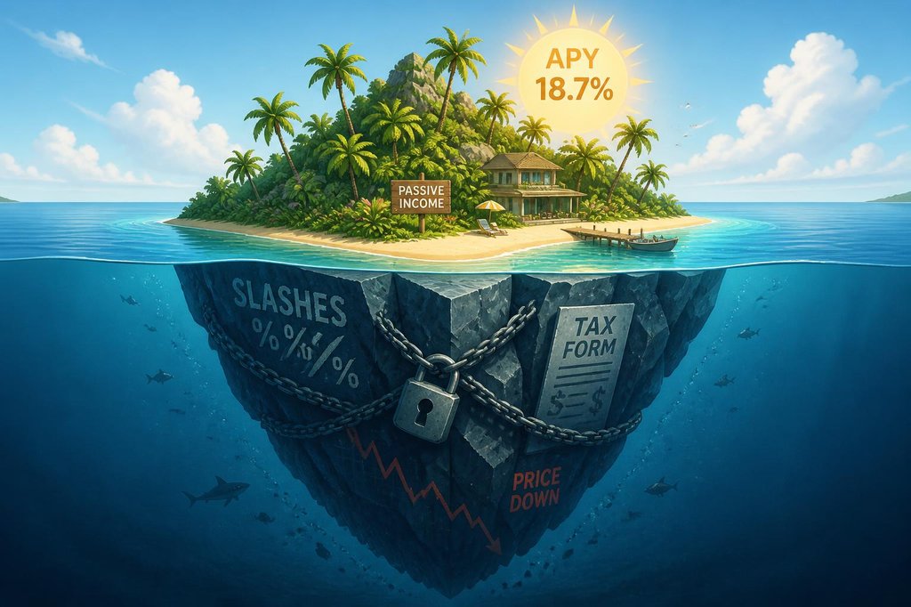 Tropical island with palm trees and a golden beach labeled PASSIVE INCOME and APY 18.7% sun above water, while below the surface a massive dark iceberg shows SLASHES, TAX FORM, lock chains, and PRICE DOWN red chart